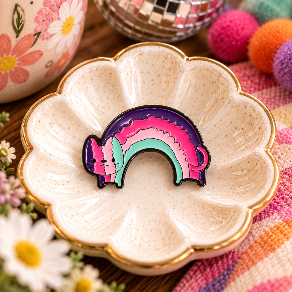 Rainbow cat enamel pin colorful styled hero image