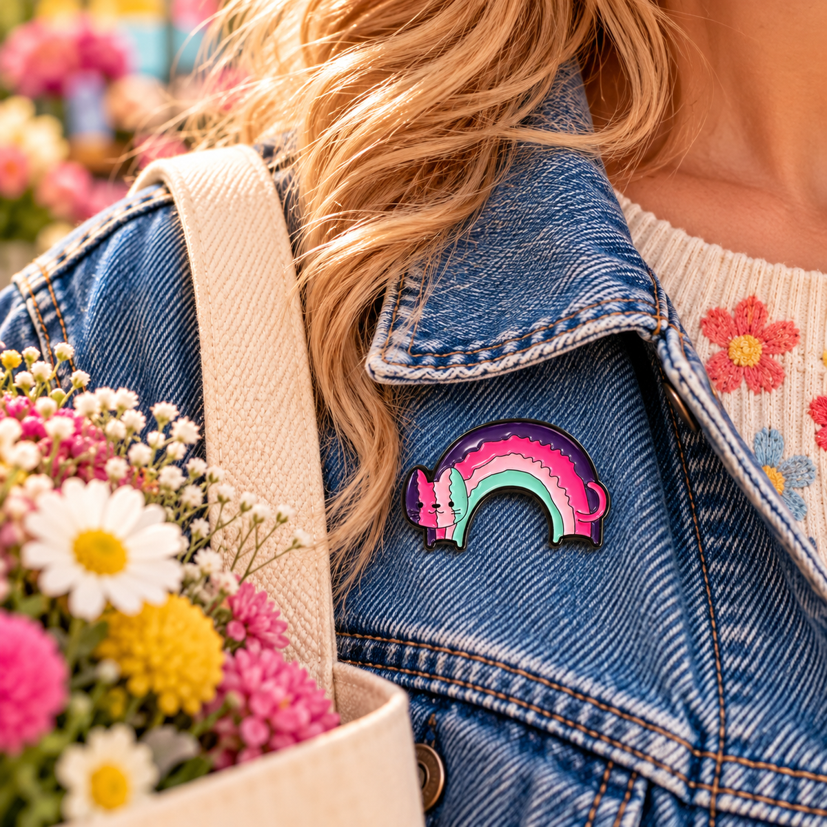 Rainbow cat enamel pin worn on denim jacket lifestyle image