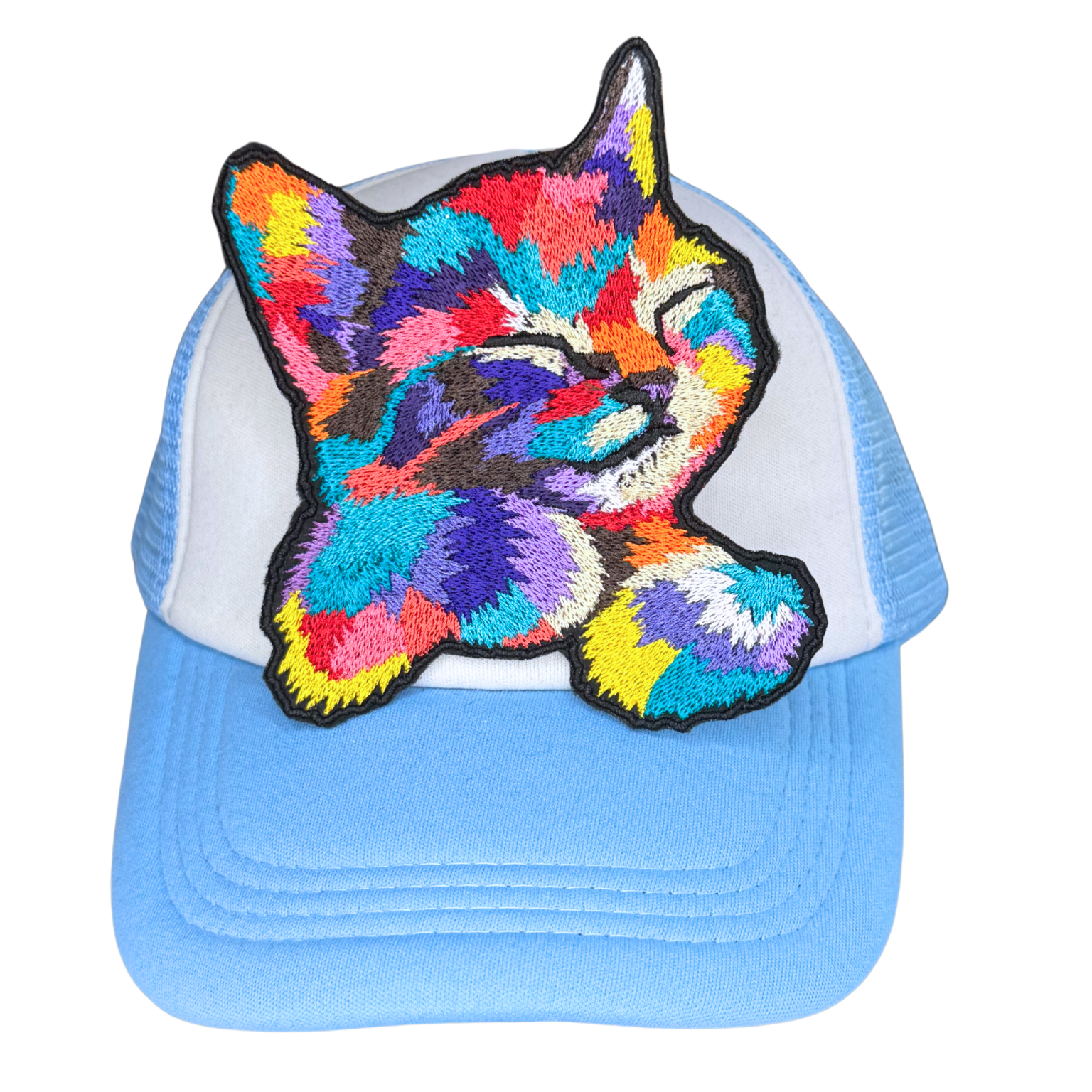 Rainbow sleeping cat patch on white and blue trucker hat

