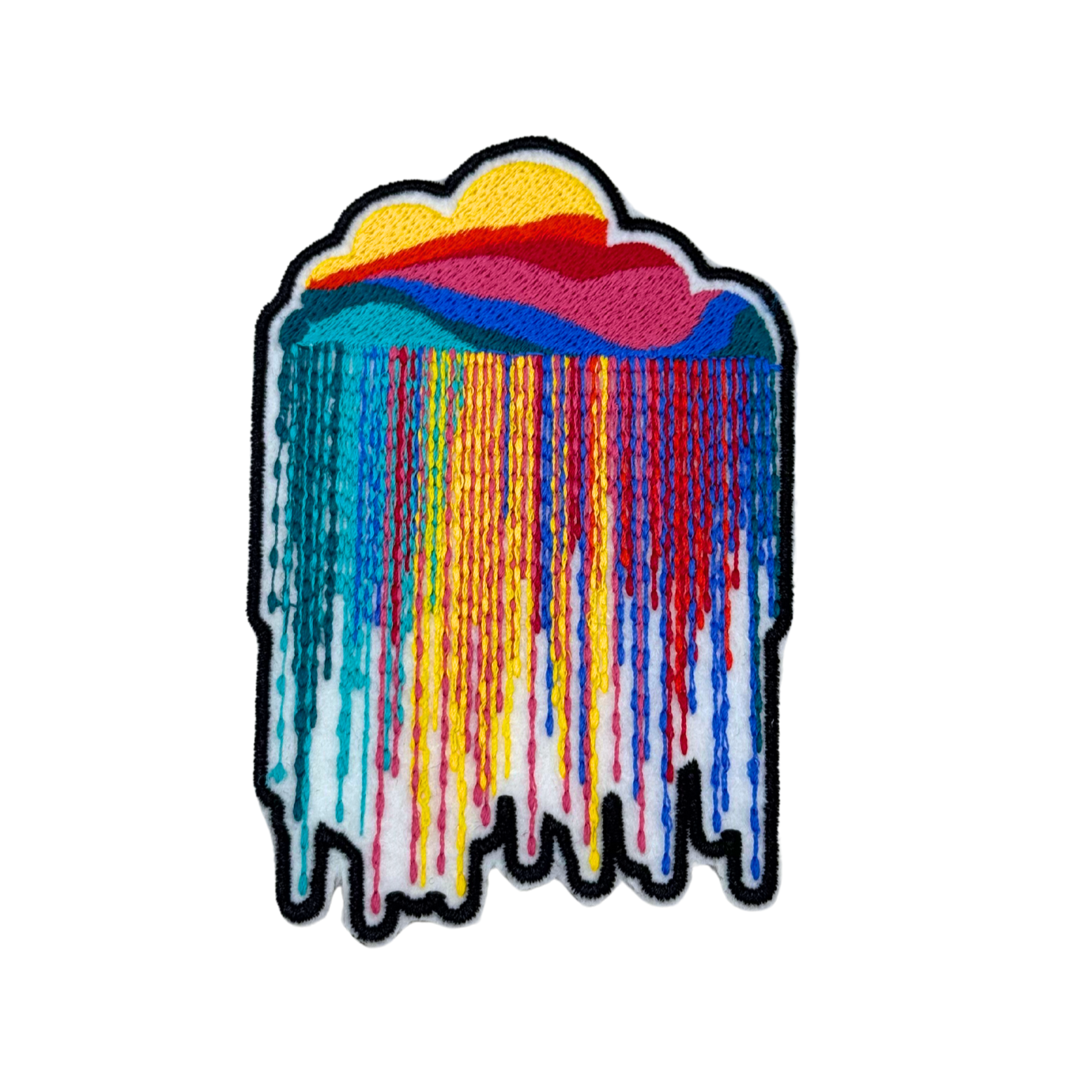 Front view of rainbow cloud drip embroidered patch
