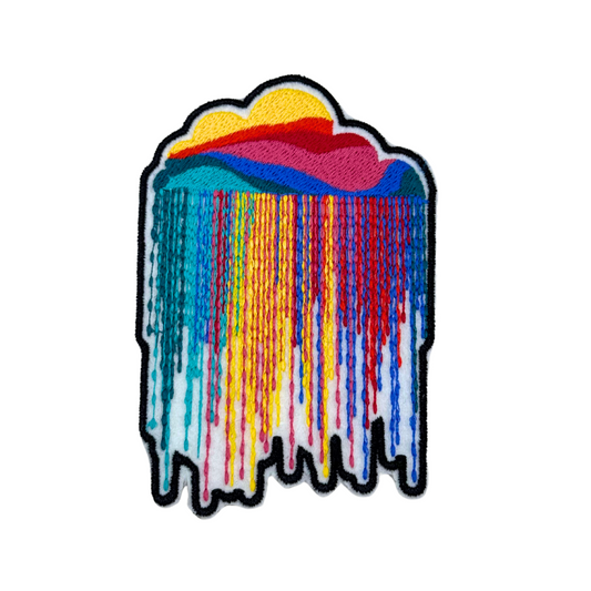 Front view of rainbow cloud drip embroidered patch
