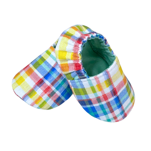 “Side view of upcycled vintage rainbow plaid baby shoes with green lining, handmade, 3–6 months”

