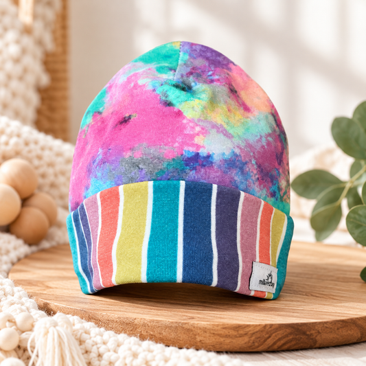 Rainbow tie-dye baby beanie with multicolor striped folded cuff styled on natural wood with soft neutral props