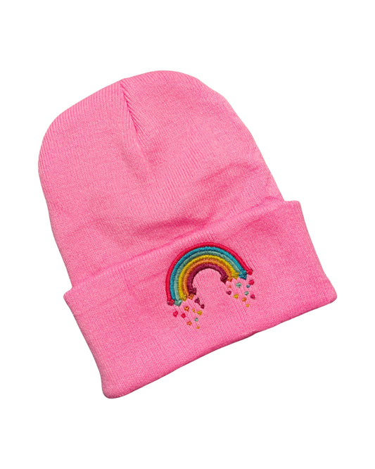 neon pink beanie with an embroidered rainbow raining hearts
