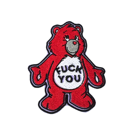 Red embroidered bear patch with “F*ck You” message on belly
