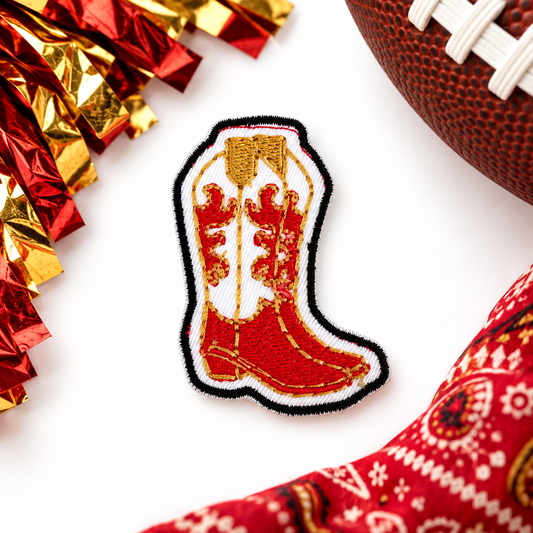Red and gold Kansas City cowboy boot embroidered iron-on patch