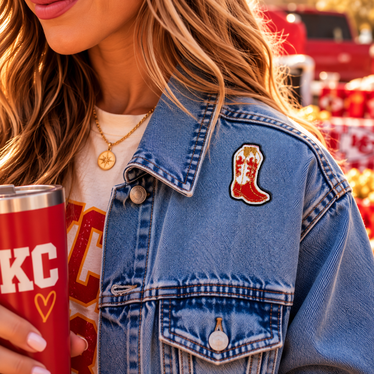 Red and gold Kansas City cowboy boot patch styled on denim jacket