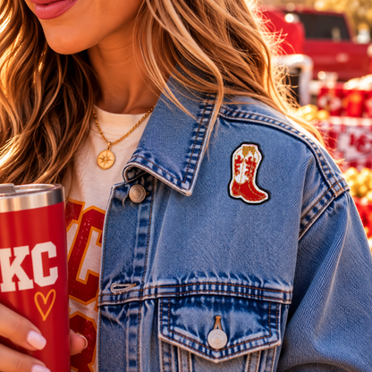 Red and gold Kansas City cowboy boot patch styled on denim jacket
