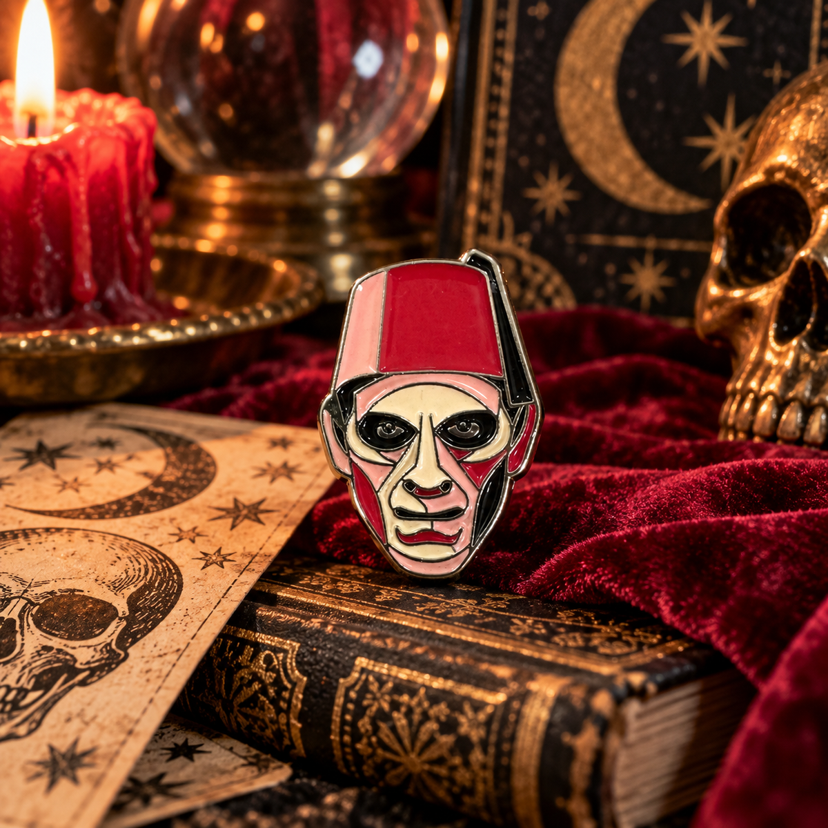 Red fez horror ghoul enamel pin styled in a vintage occult scene