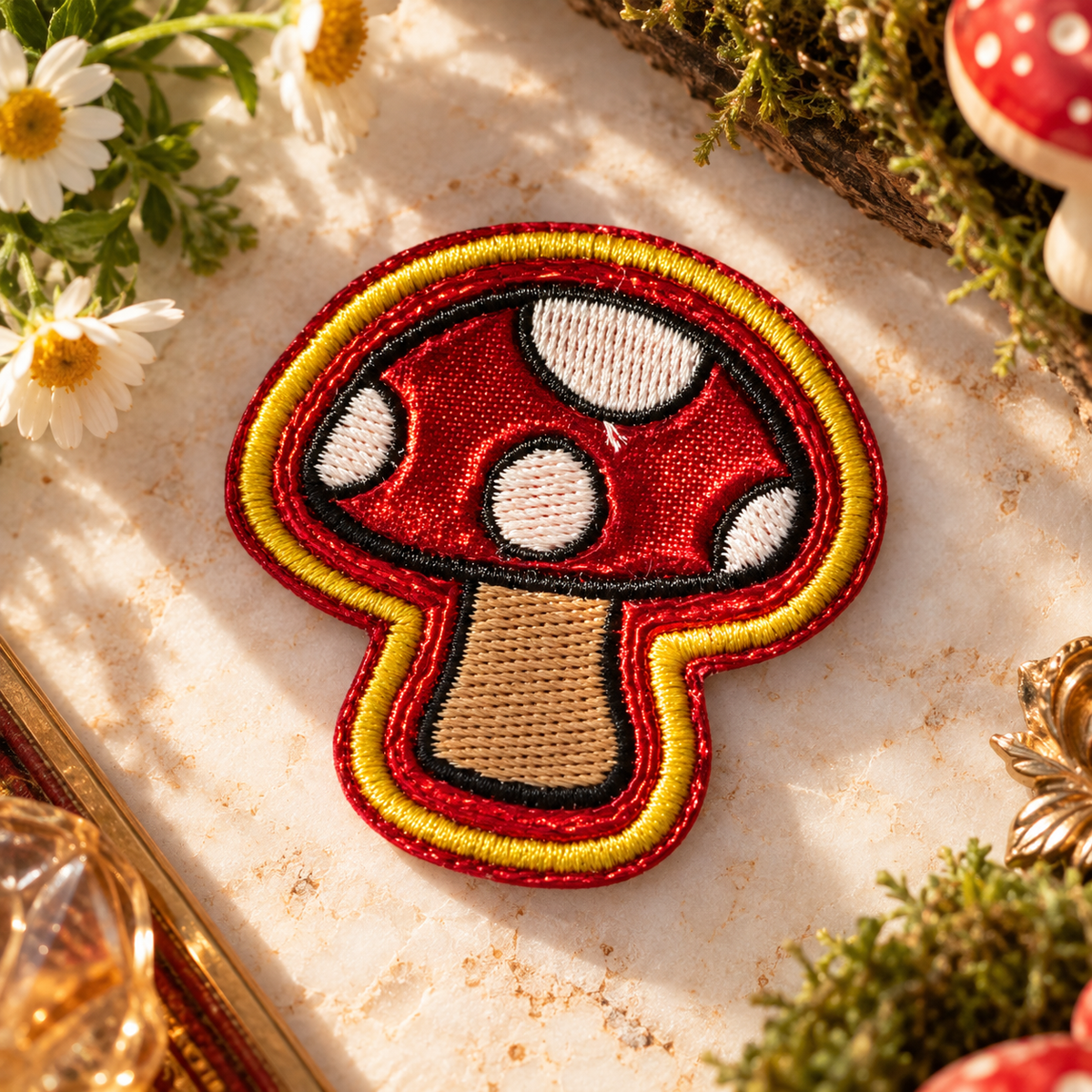 Red and gold embroidered mushroom iron-on patch, shiny red cap and white spots, styled hero photograph