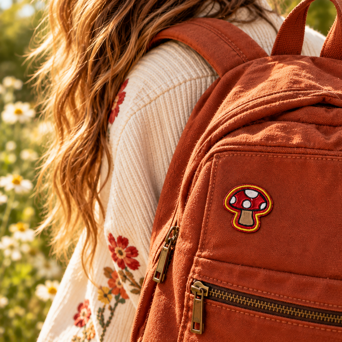 Small red and gold mushroom embroidered patch attached to a rust canvas backpack in outdoor lifestyle photograph