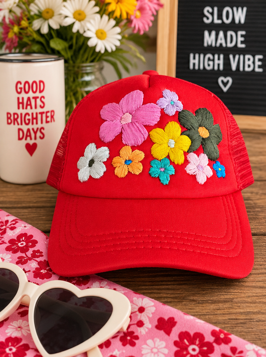 Red hand-embroidered floral hat styled product photo