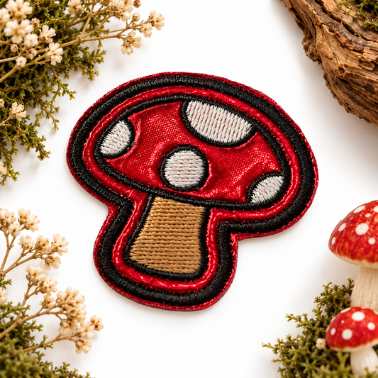 Red metallic mushroom iron-on patch styled hero photo
