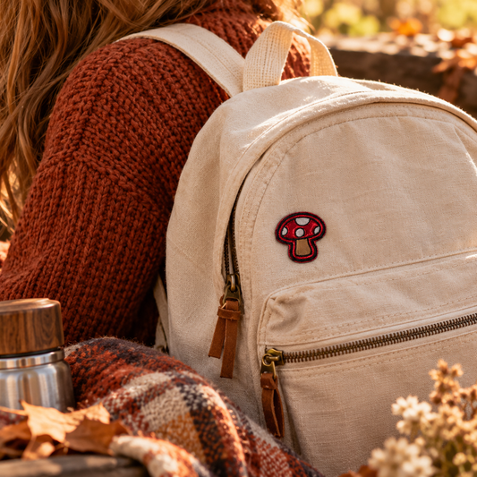 Red mushroom iron-on patch styled on a cream canvas backpack