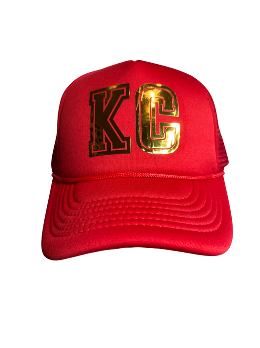 Red & Gold KC Trucker Hat – Kansas City Varsity Style Cap, Adjustable Snapback