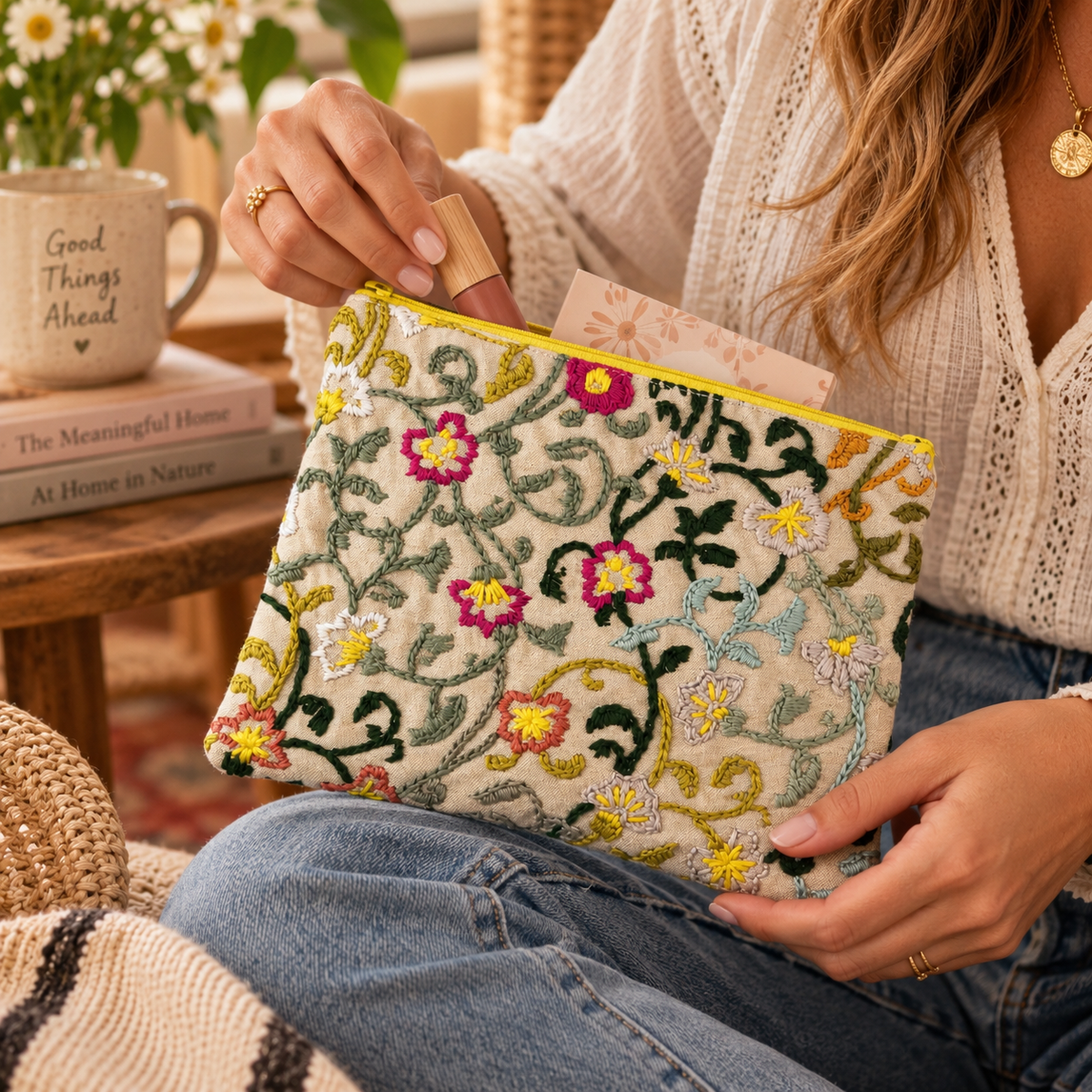 Woman using colorful hand-embroidered floral Resist clutch in a warm lifestyle scene