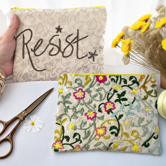 Hand Embroidered Floral Zipper Clutch – “Resist” Statement Bag – One of a Kind – Made in Kansas City