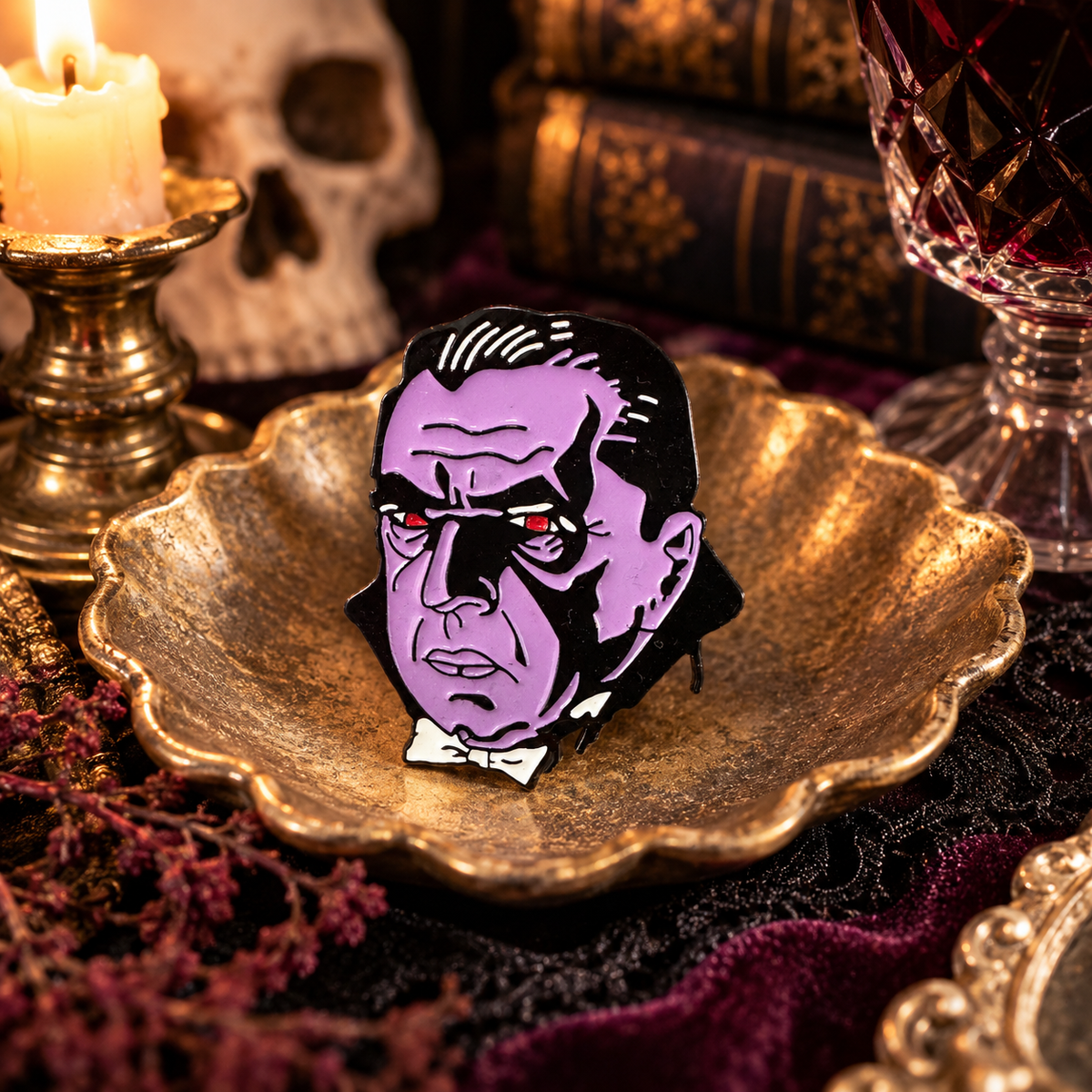 Purple retro vampire enamel pin styled in a gothic candlelit scene