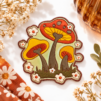 Retro mushroom trio embroidered patch styled on white with warm vintage accents