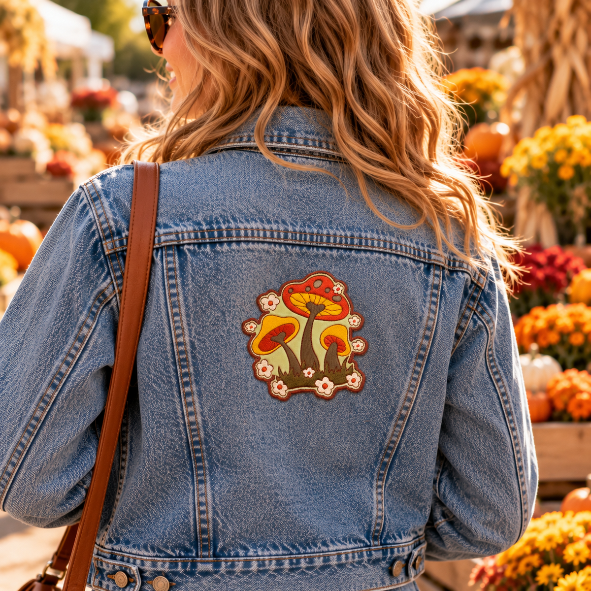 Retro mushroom trio patch worn on the back of a denim jacket at a fall market