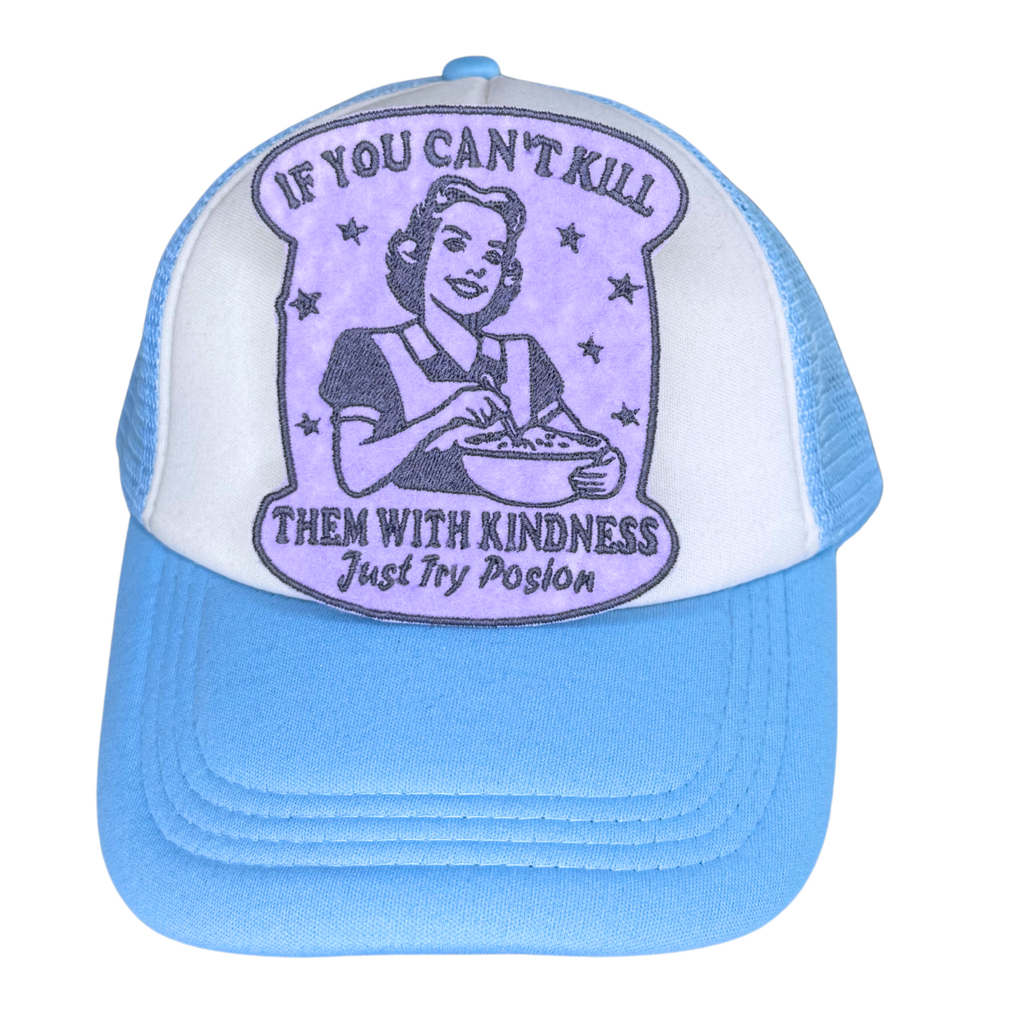 Funny housewife patch with dark humor message on trucker hat

