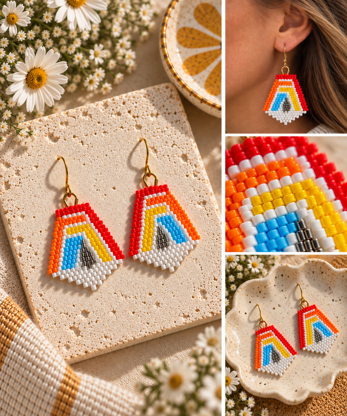 Hand-beaded retro rainbow earrings in red, orange, yellow, blue, white and metallic seed beads, shown styled, worn and in close detail