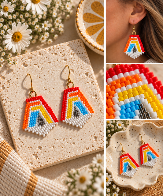 Hand-beaded retro rainbow earrings in red, orange, yellow, blue, white and metallic seed beads, shown styled, worn and in close detail