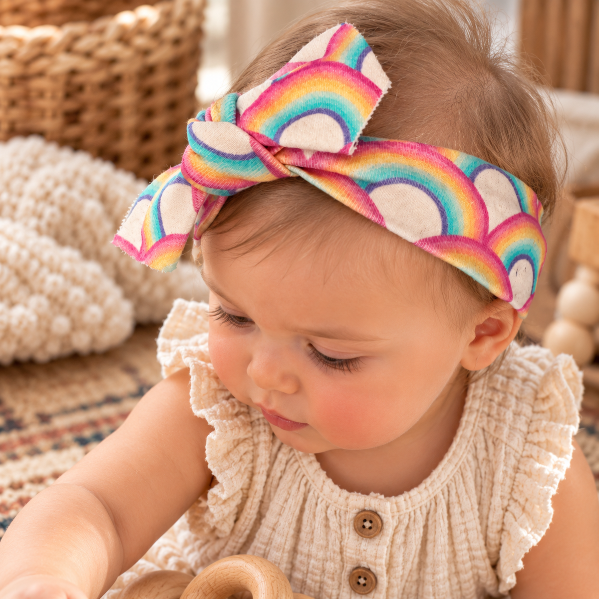 Baby wearing retro rainbow organic cotton tie headband