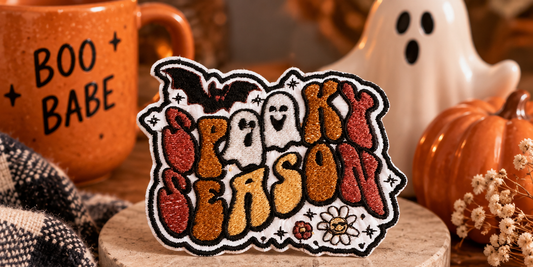 Retro Spooky Season embroidered Halloween patch styled with warm spooky decor