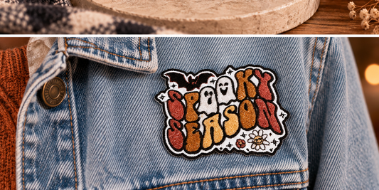 Retro Spooky Season embroidered Halloween patch worn on a denim jacket