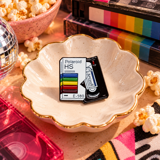 Retro VHS tape enamel pin styled movie night hero image