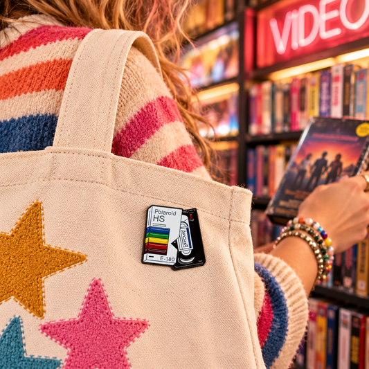 Retro VHS tape enamel pin on canvas tote in video store lifestyle image