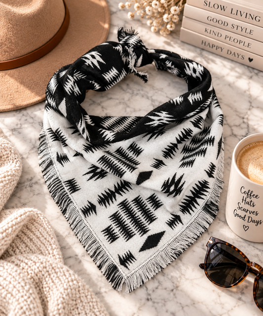Black and white reversible jacquard bandana scarf in a styled boutique flat lay