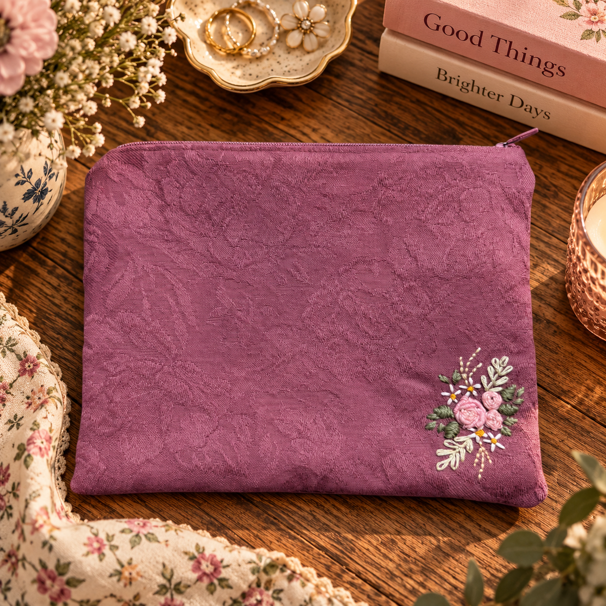 Hand-embroidered roses zipper clutch styled product photo