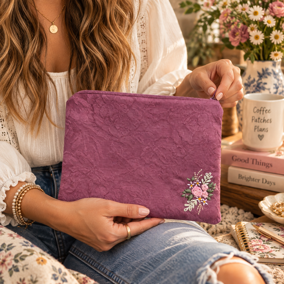 Hand-embroidered roses zipper clutch held at realistic scale