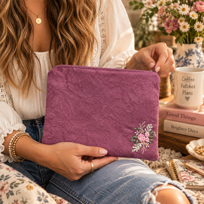 Hand-embroidered roses zipper clutch held at realistic scale