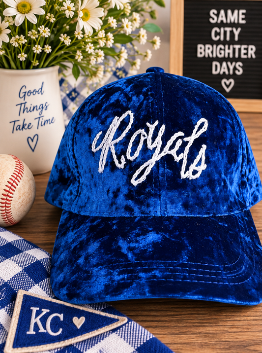 Royals blue velvet hand-embroidered hat styled product photo