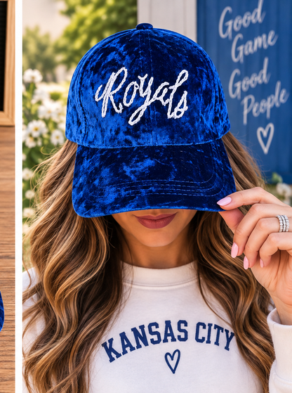 Model wearing Royals blue velvet hand-embroidered hat