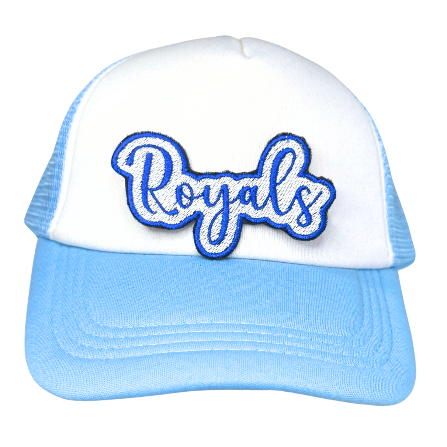White and light blue trucker hat featuring the “Royals” embroidered patch on the front

