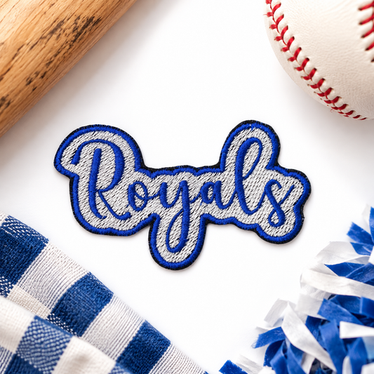 Royals script embroidered iron-on patch styled hero