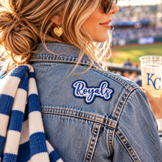 Royals script embroidered patch on denim jacket