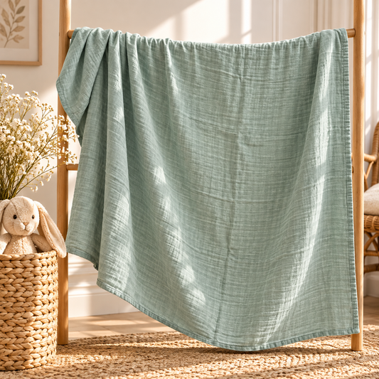 Sage green cotton gauze baby swaddle full size and drape