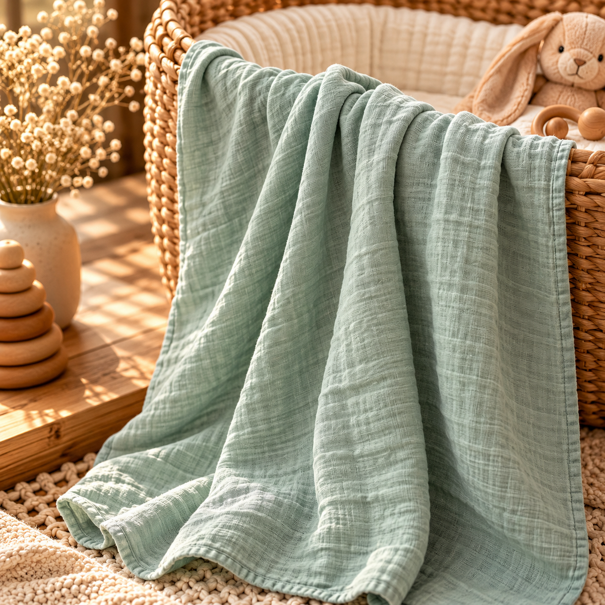 Sage green cotton gauze baby swaddle styled in a warm nursery