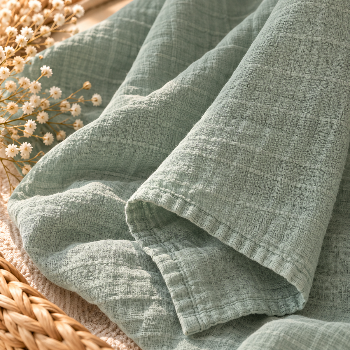 Sage green cotton gauze baby swaddle texture and finished edge