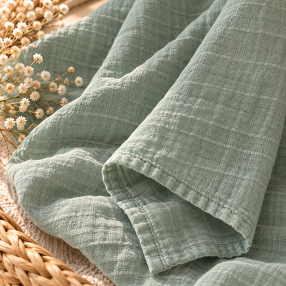 Sage green cotton gauze baby swaddle texture and finished edge