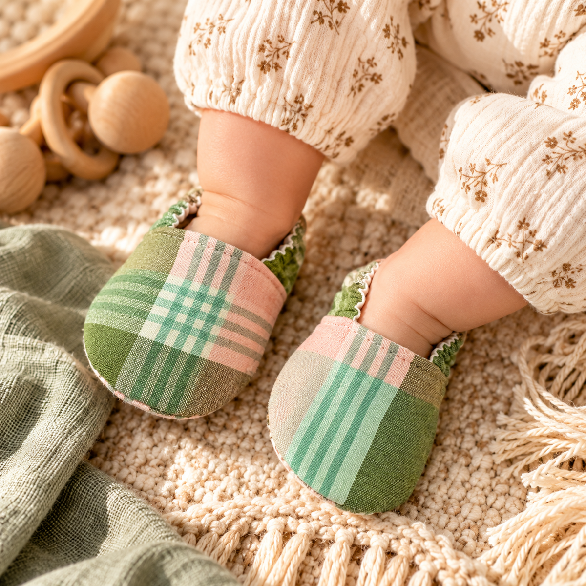 Sage plaid soft sole baby moccasins worn by a baby, size 0–3 months