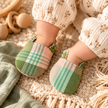 Sage plaid soft sole baby moccasins worn by a baby, size 0–3 months