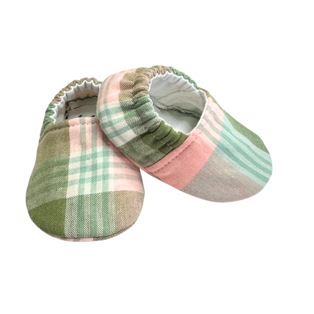 Sage plaid baby moccasins original side view, size 0–3 months