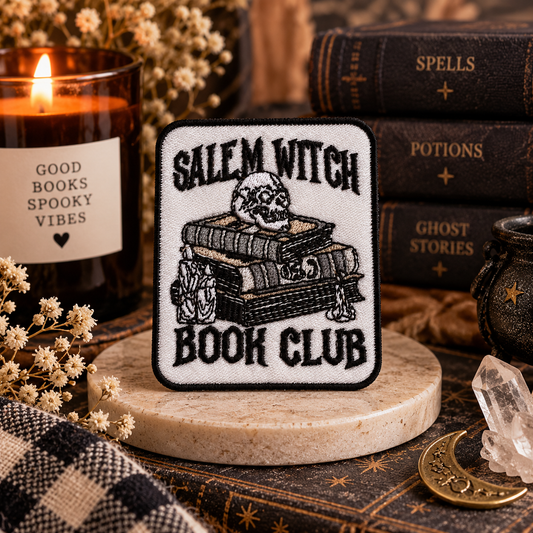 Salem Witch Book Club embroidered patch styled with moody books and witchy decor