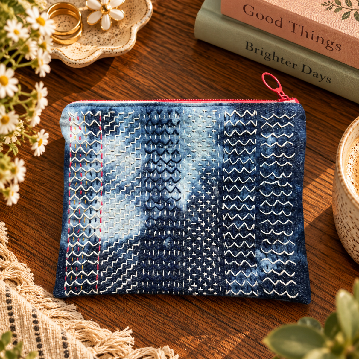 Hand-stitched Sashiko Sampler Zipper Clutch styled product photo
